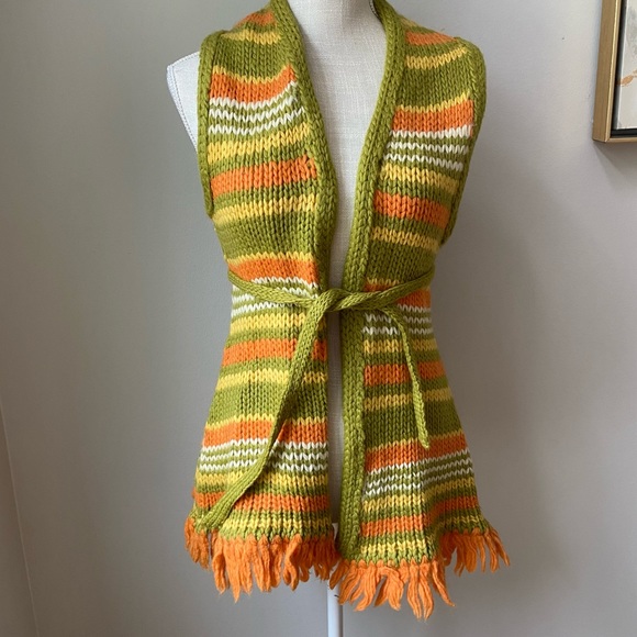 Full Fashioned Sweaters - Vintage hand knit striped orange yellow green tie front sweater vest. M